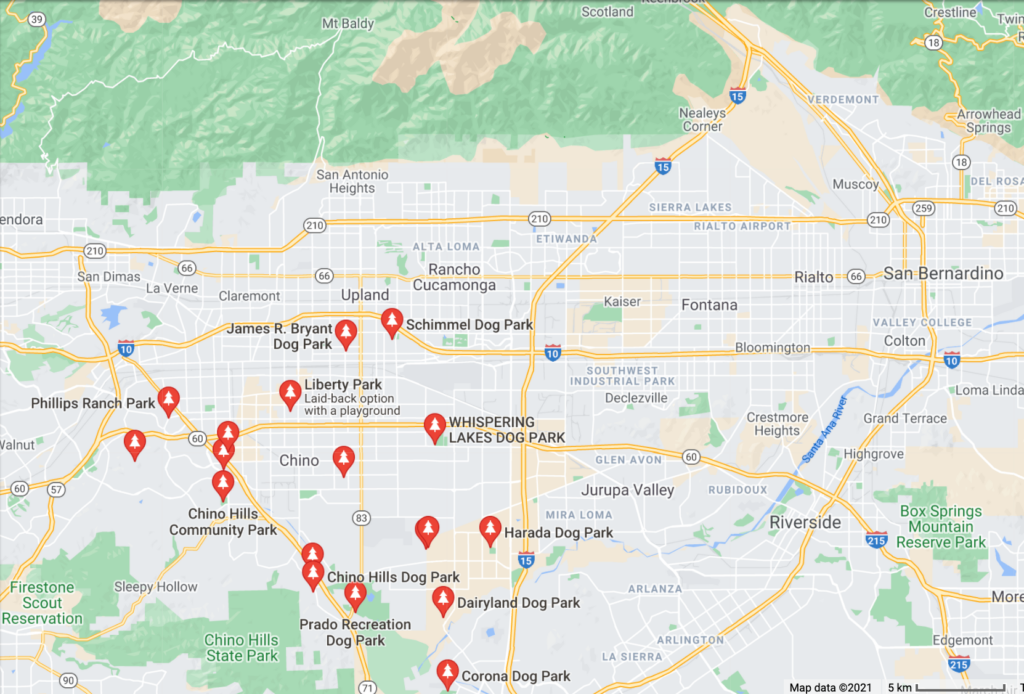 A Google Map with pins of neighborhood dog parks in Chino, California