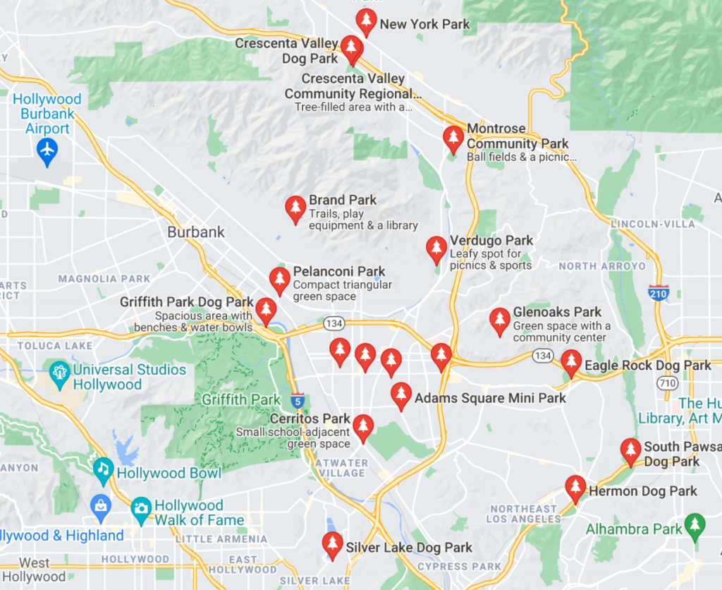 A Google Map with pins of neighborhood dog parks in Glendale, California