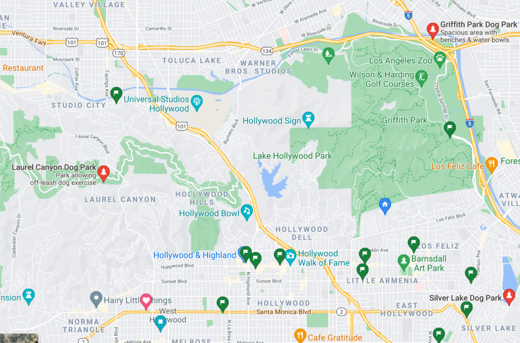 A Google Map with pins of neighborhood dog parks in La Canada Flintridge, California