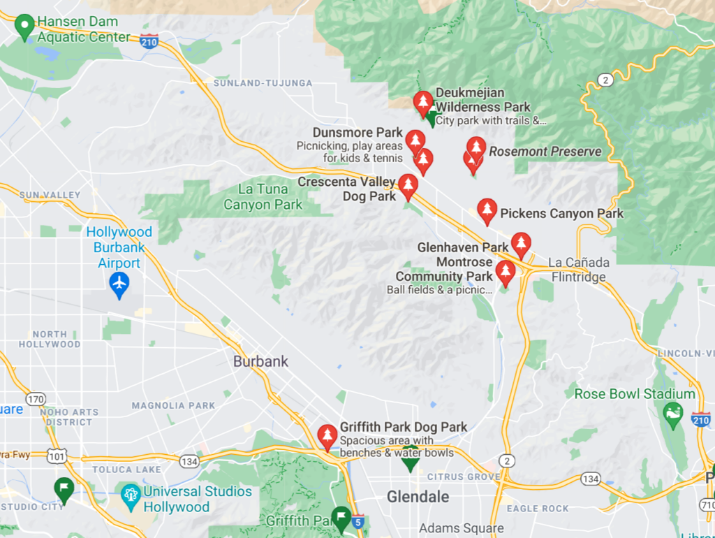 A Google Map with pins of neighborhood dog parks in La Crescenta, California