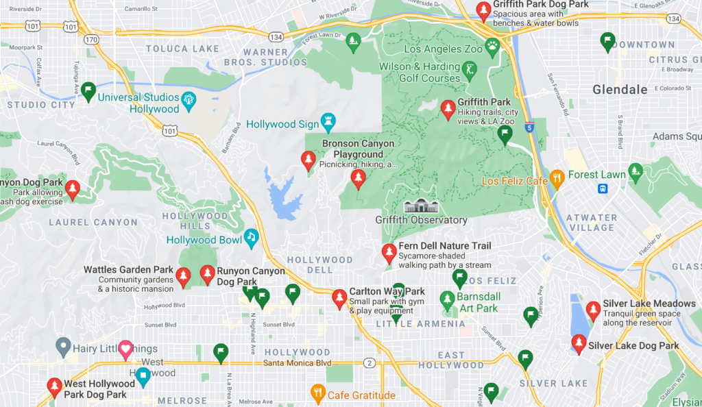 A Google Map with pins of neighborhood dog parks in Los Feliz, Los Angeles, California