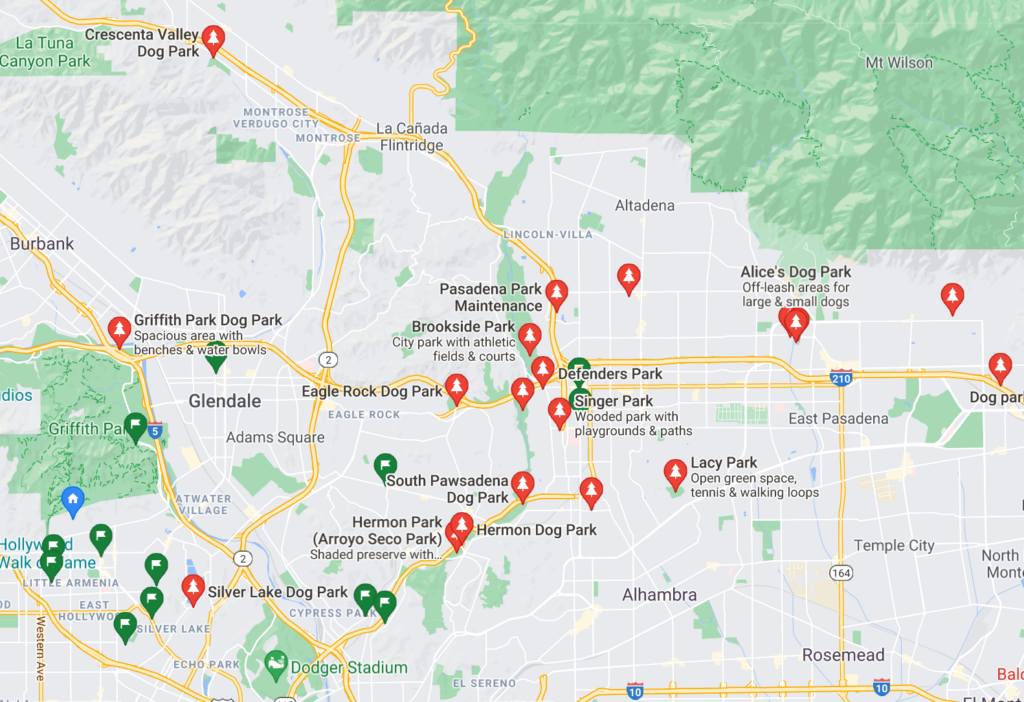 A Google Map with pins of neighborhood dog parks in Pasadena, California