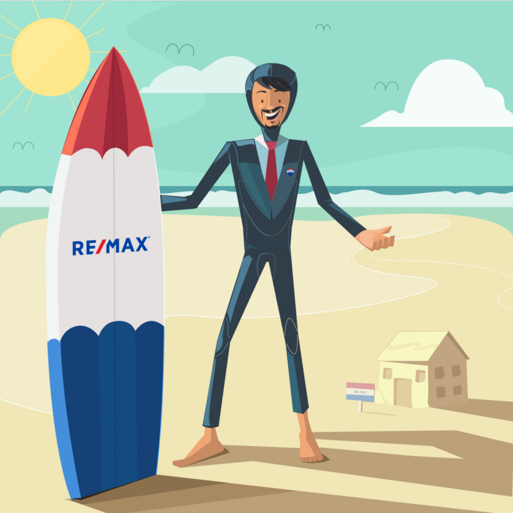 A cartoon of a RE/MAX realtor holding a surf board at the beach