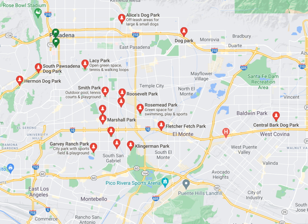 A Google Map with pins of neighborhood dog parks in San Gabriel, California